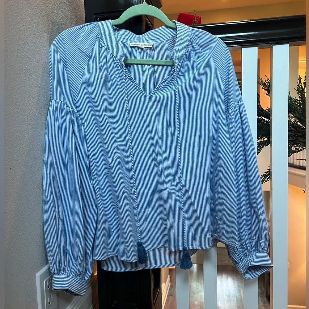 Ophelia and Indigo seersucker top with tassel detailing